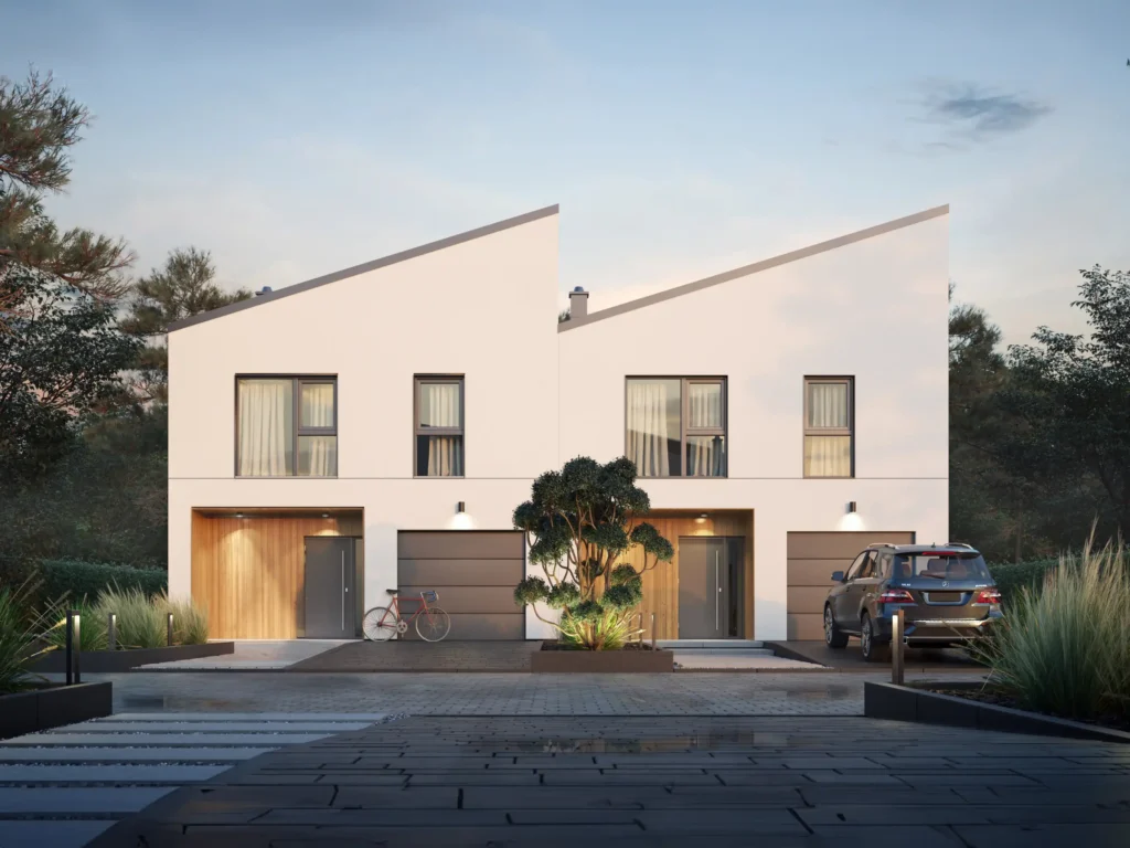 Dom prefabrykowany piętrowy bliźniak P11 w od frontu