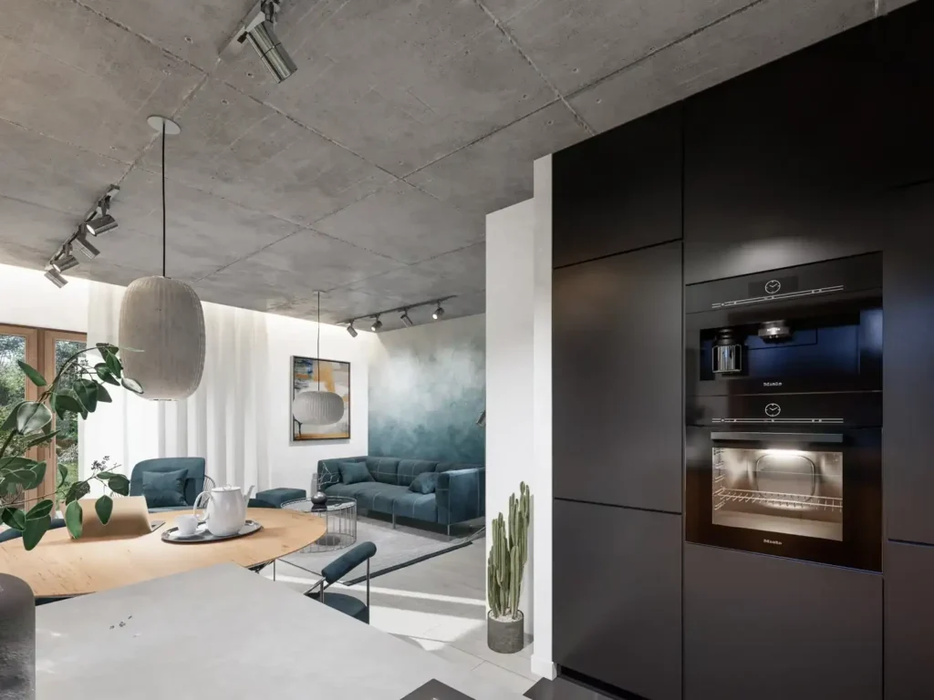 Widok z kuchni na salon domu prefabrykowanego parterowego 2009 SE 4