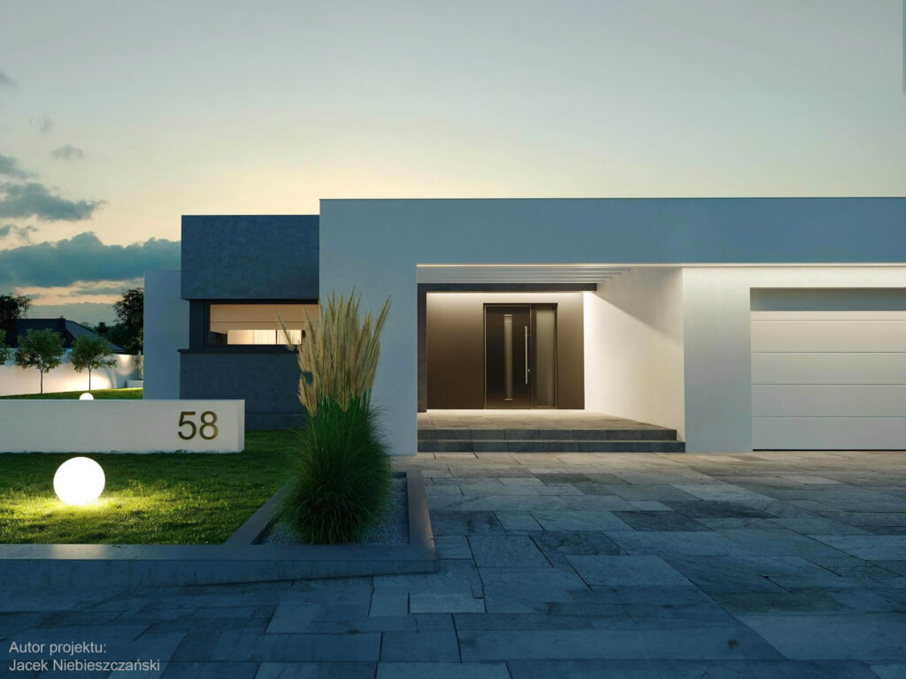 Dom prefabrykowany parterowy HOMEKONCEPT 58 widok od frontu