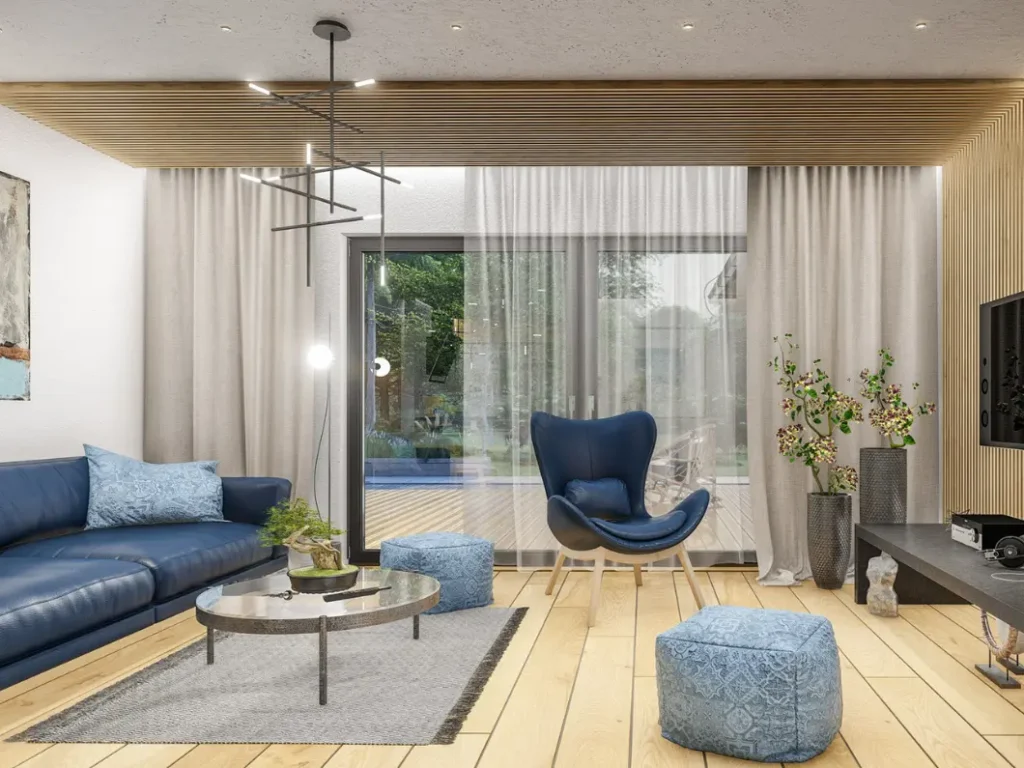 Salon domu prefabrykowanego parterowego Abakon Padiglione 4