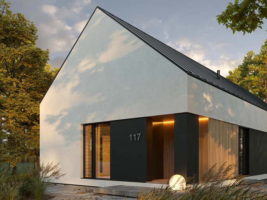 Dom prefabrykowany parterowy HOMEKONCEPT 117 widok pod kątem